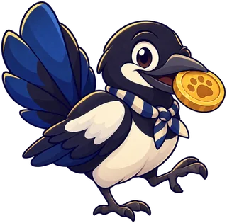 A magpie with a gold coin in its beak