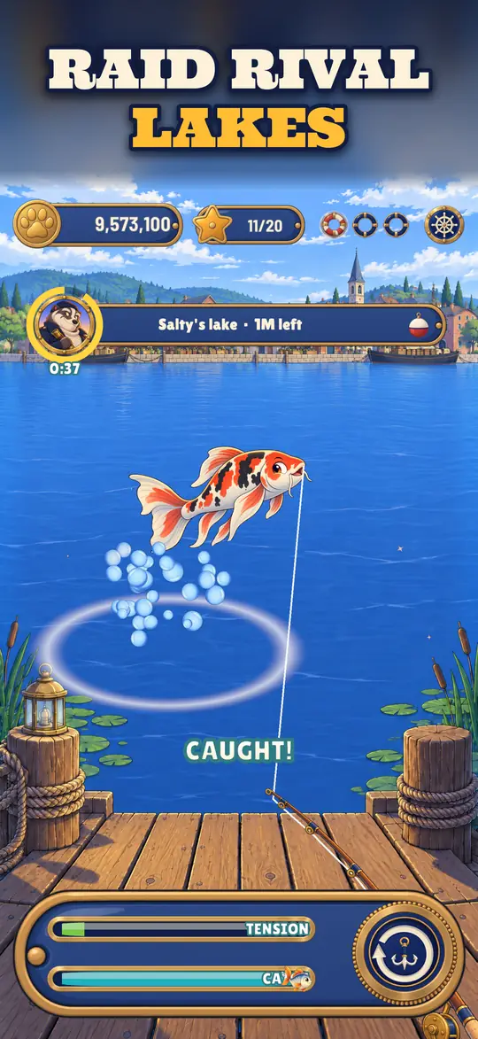 A koi on the line in Squint’s lake, with the tension and catch meters