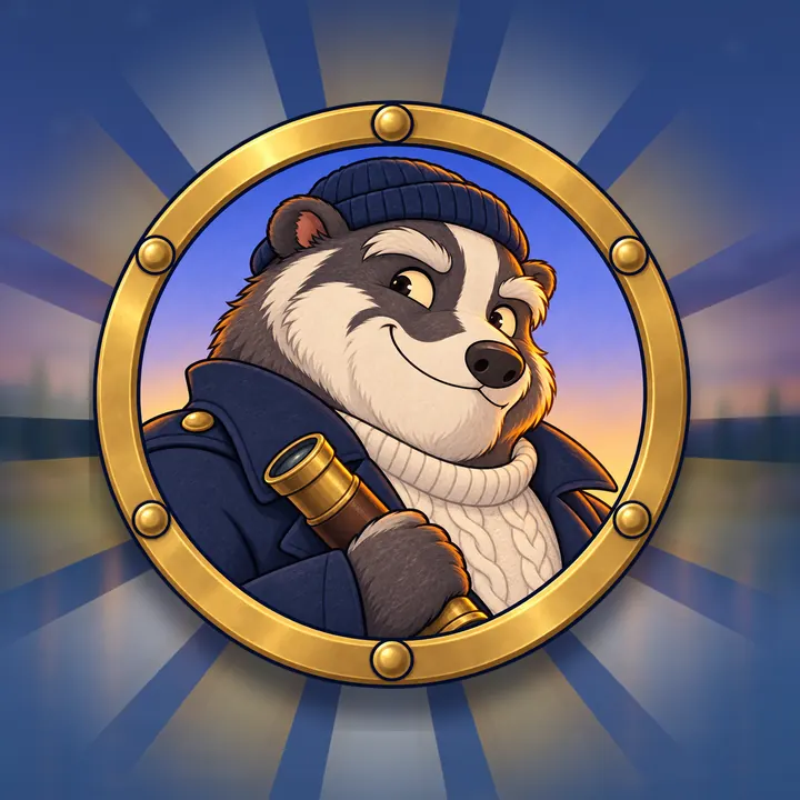 Watchman Squint, a badger with a spyglass, framed in a brass porthole