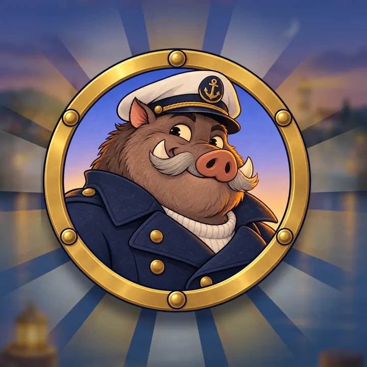 Baron Truffle, a boar in a captain&rsquo;s cap, framed in a brass porthole